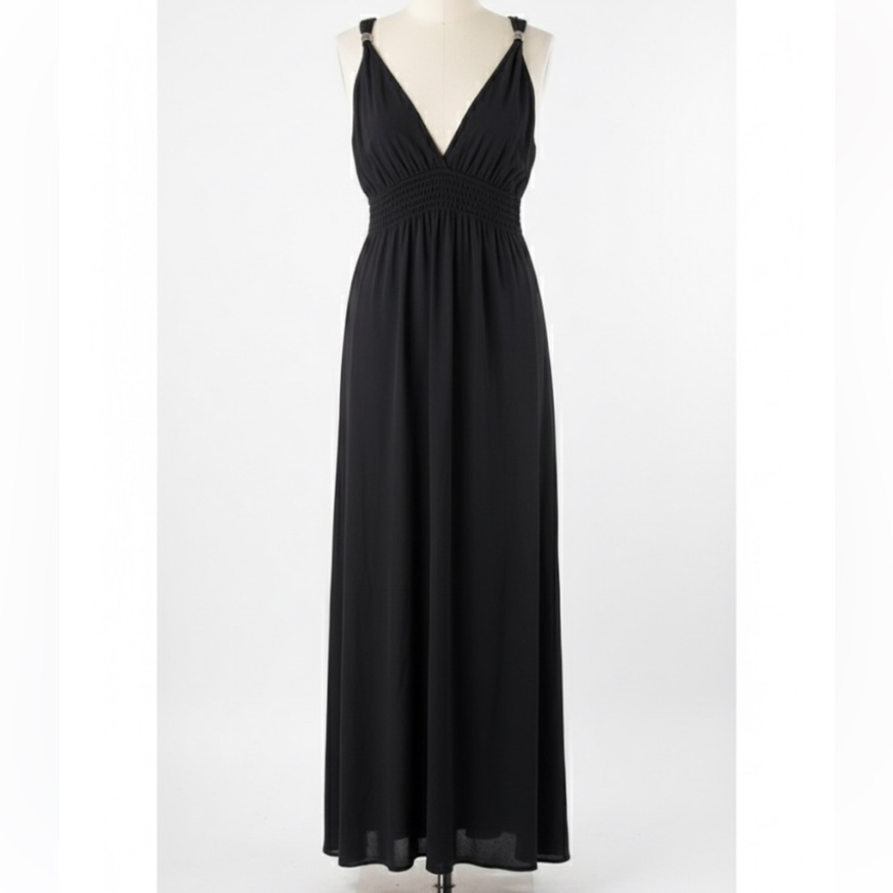 LES PETITES Paris 100% Silk Maxi Dress Black Grecian Goddess Silver Hardware S
